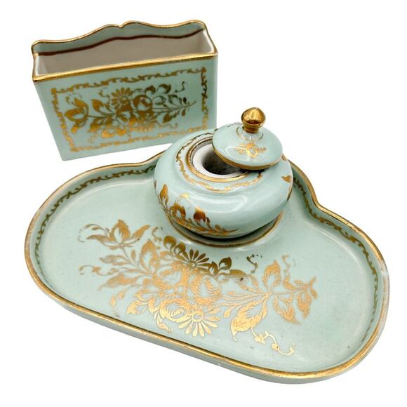 Limoges Other - Limoges Porcelain Writing Desk Set Letter Pen Holder Ink Well Mint Green Gold